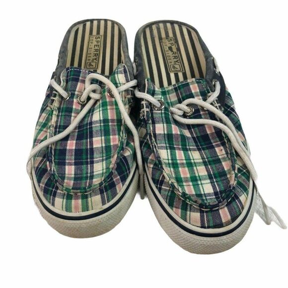Womens Size 8 Plaid Sperry Slides Slip On Shoes Pink Blue Green - Picture 1 of 7